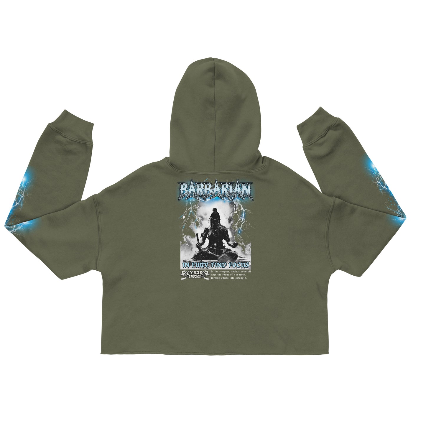 BRN001Cf In Fury, Find Focus Meditative Warrior Cropped Hoodie