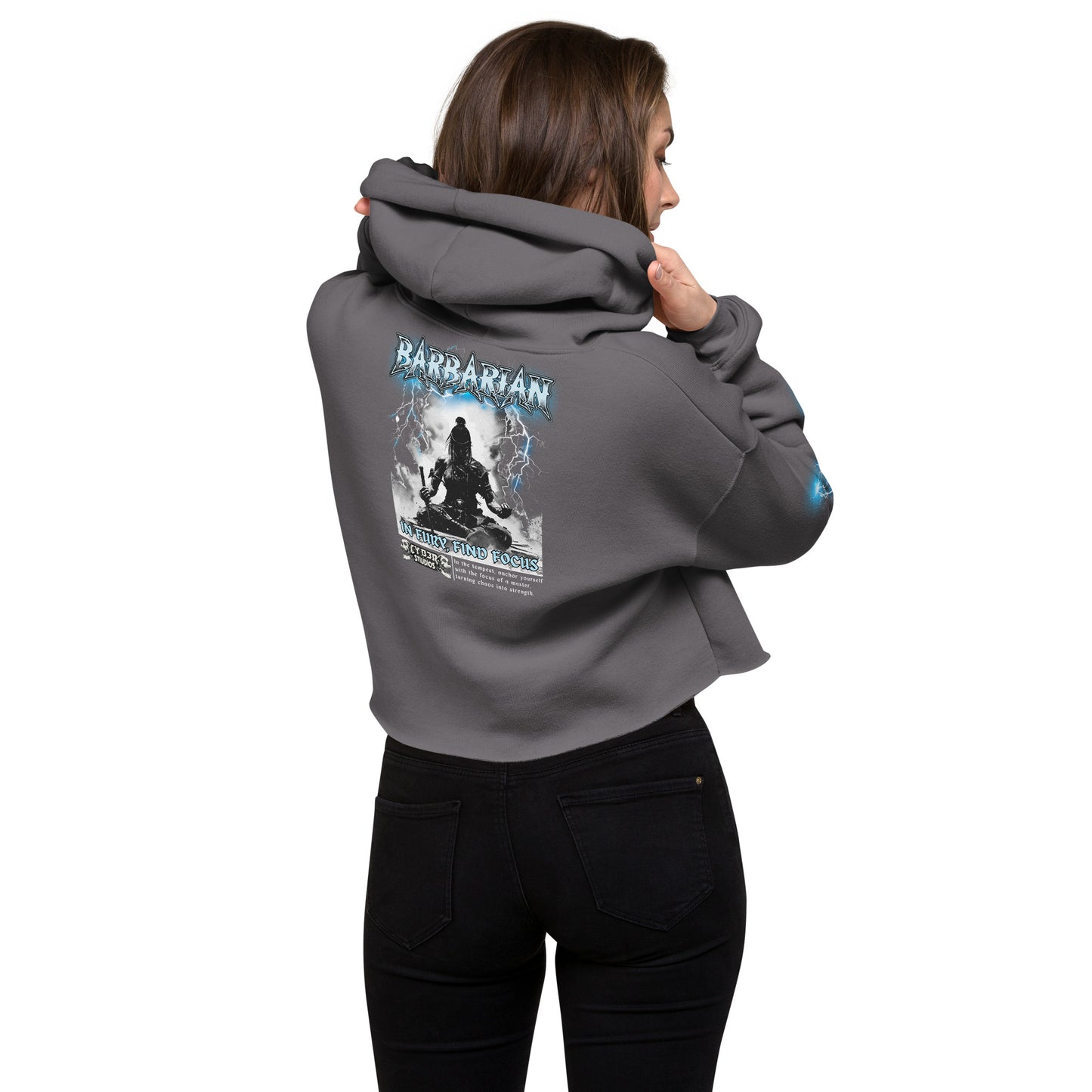 BRN001Cf In Fury, Find Focus Meditative Warrior Cropped Hoodie